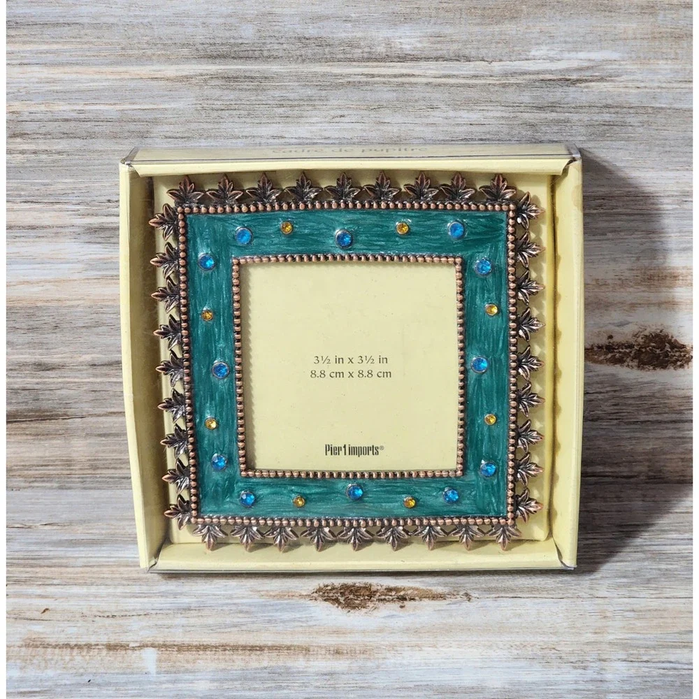 Pier 1 Imports Teal Enamel Rhinestone Square Picture Frame 3.5x3.5 SKU 2072476